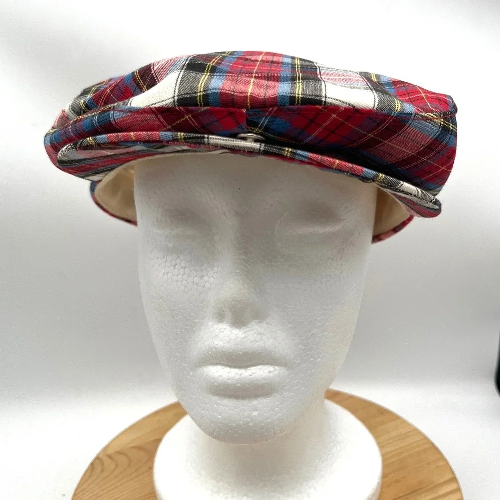 Vintage Plaid Flat Cap Red Blue White Tartan Driver Hat USA XL 7 1/2-7 5/8